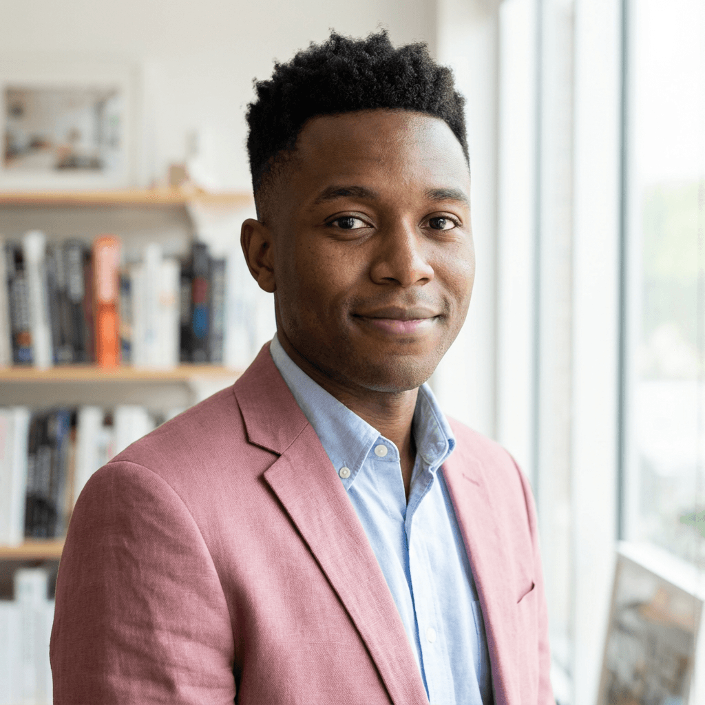 Marcus Webb smiling in a casual blazer at a coffee shop