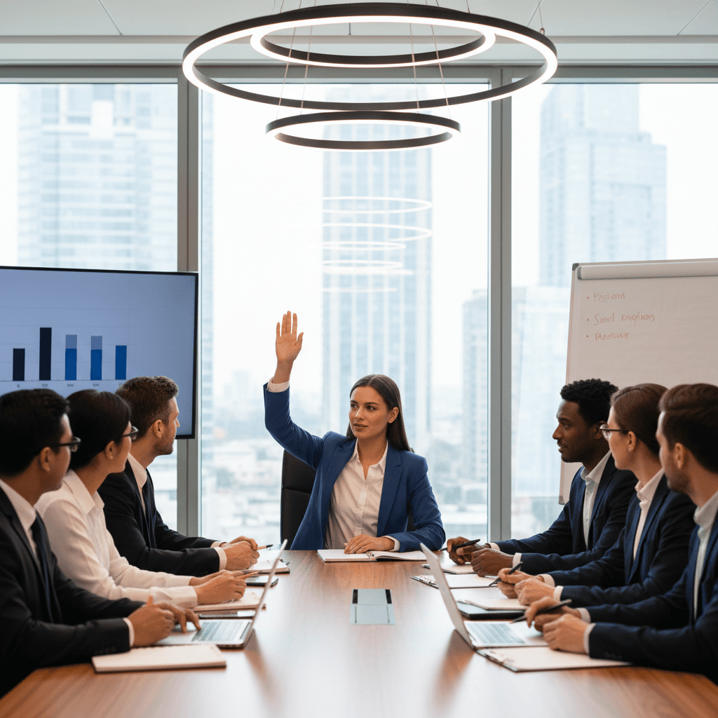 Business professional raising a hand during a group discussion