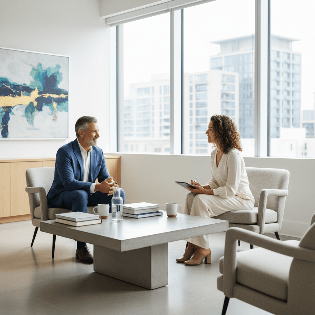 Mentor coaching an entrepreneur one-on-one in a modern bright office
