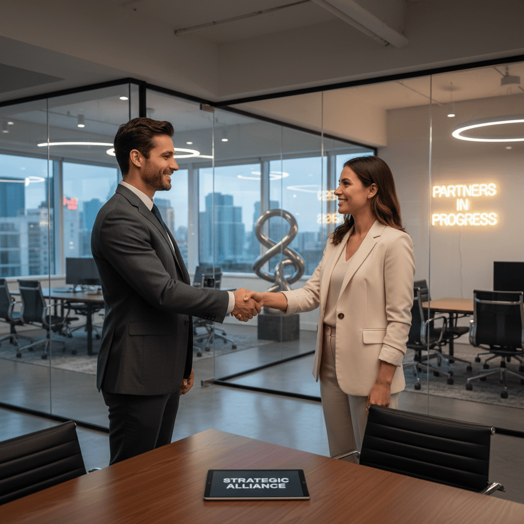Two professionals shaking hands in a modern office