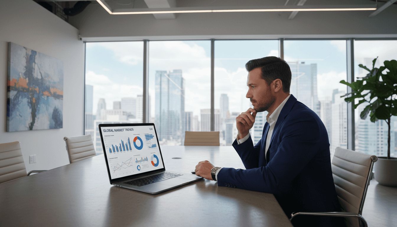 Entrepreneur analyzing market data charts on a laptop in a modern office