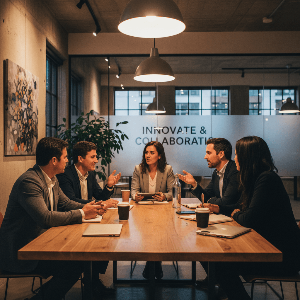 Entrepreneurs sharing ideas around a table in a modern coworking space
