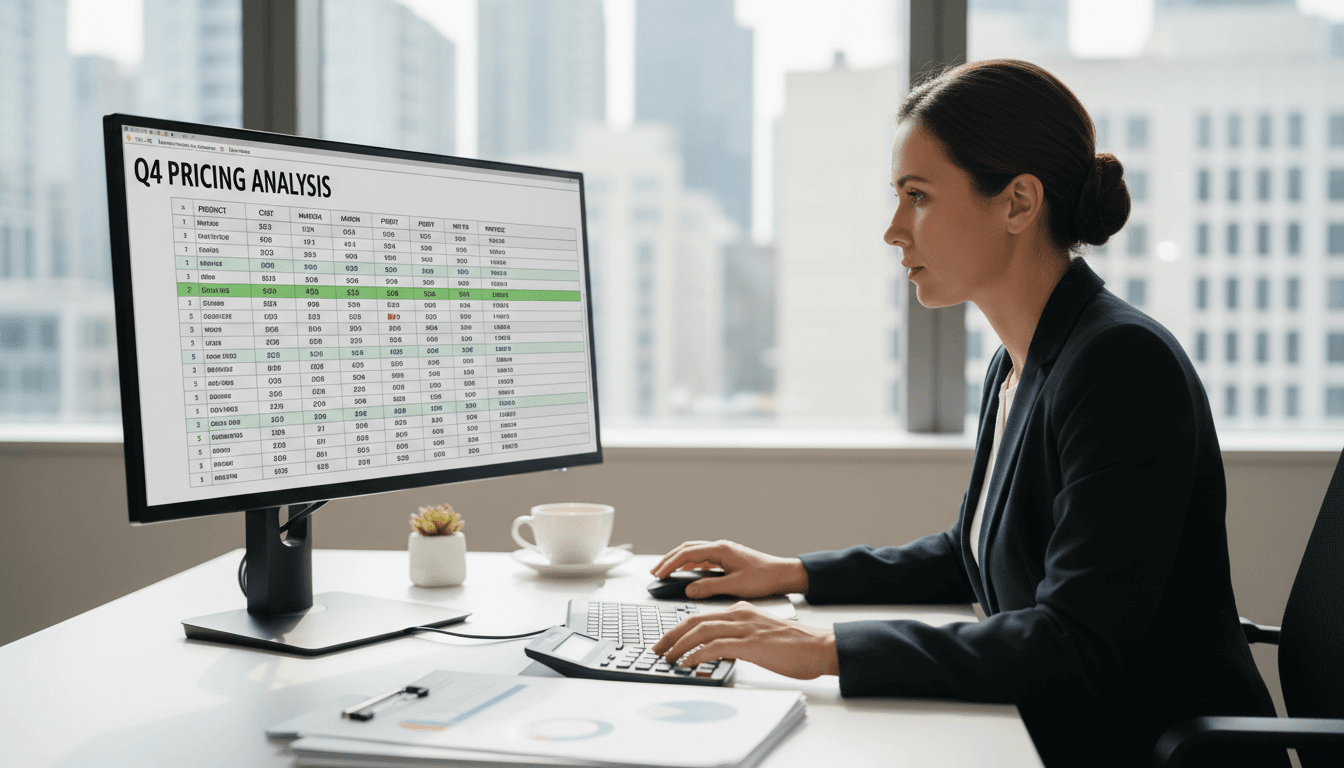 Accountant reviewing a pricing spreadsheet on a desktop computer