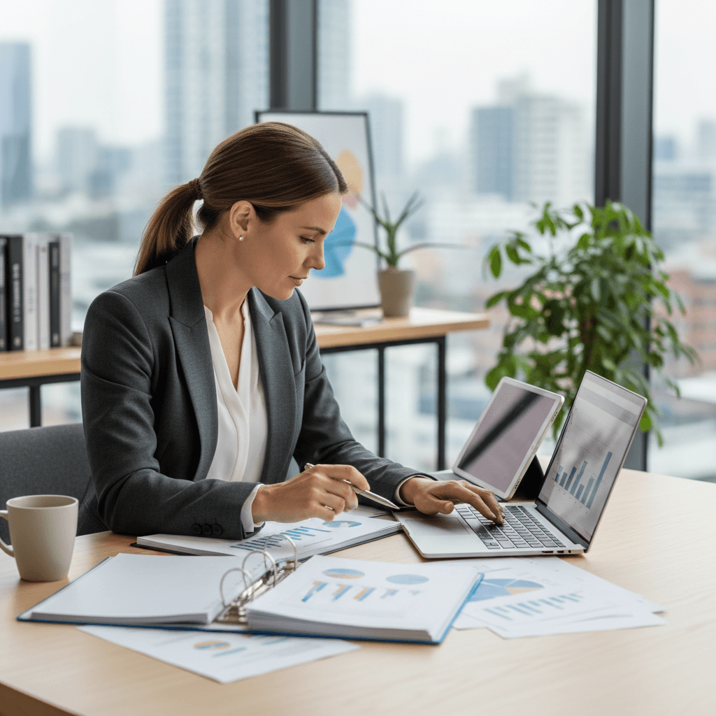 Entrepreneur reviewing business documents with a laptop on a modern office table