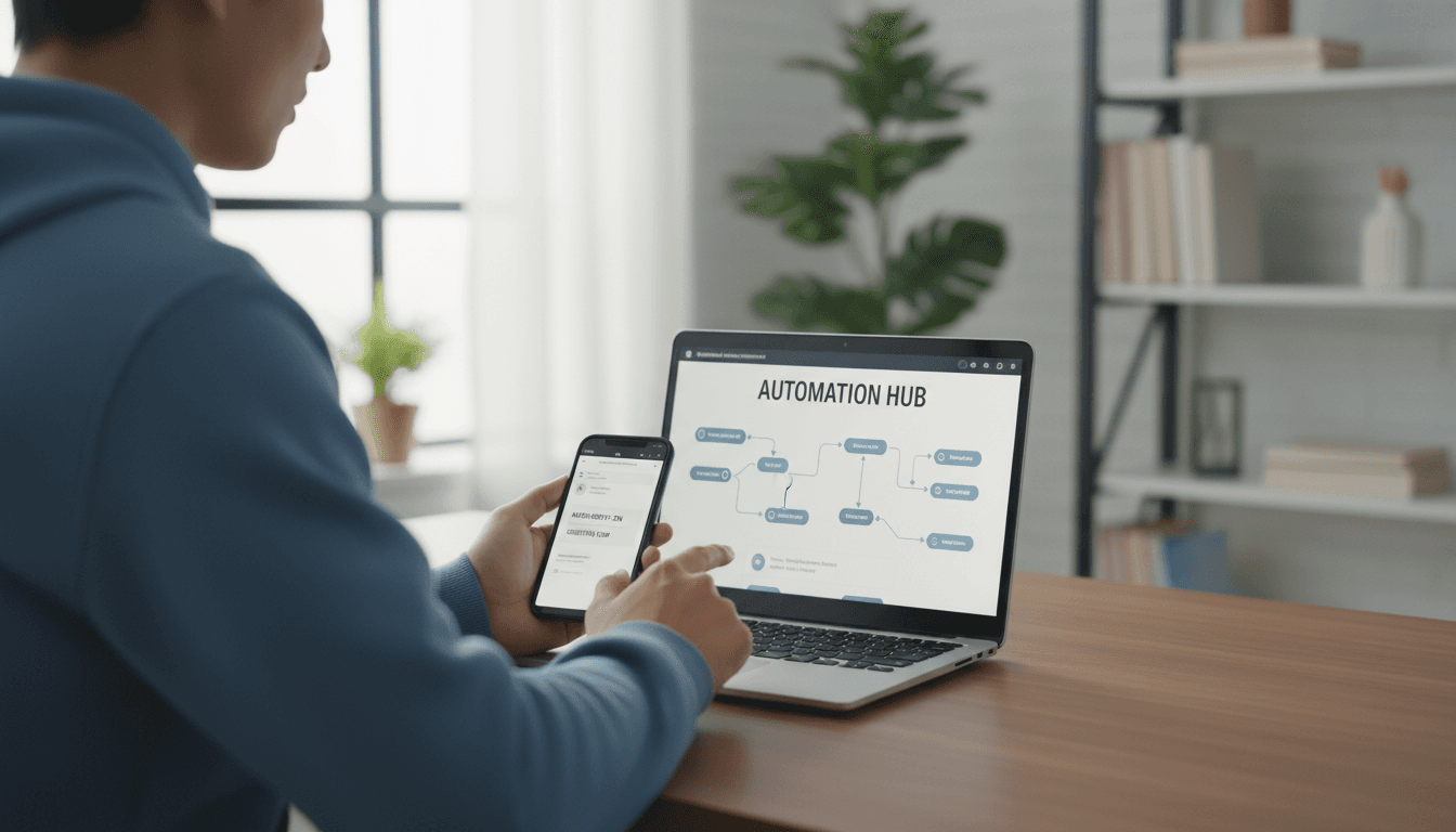 Person configuring an automated messaging app on a smartphone and laptop