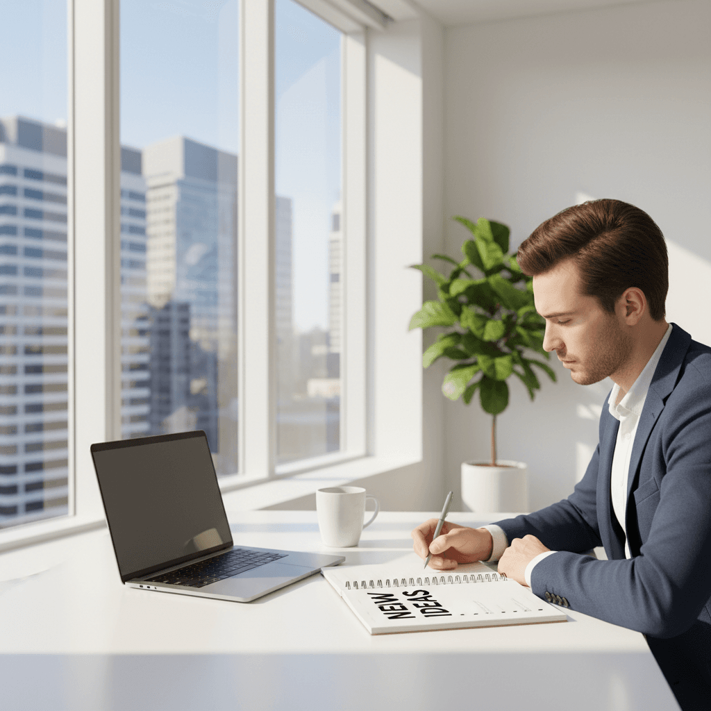 Entrepreneur writing business ideas in a notebook at a bright desk