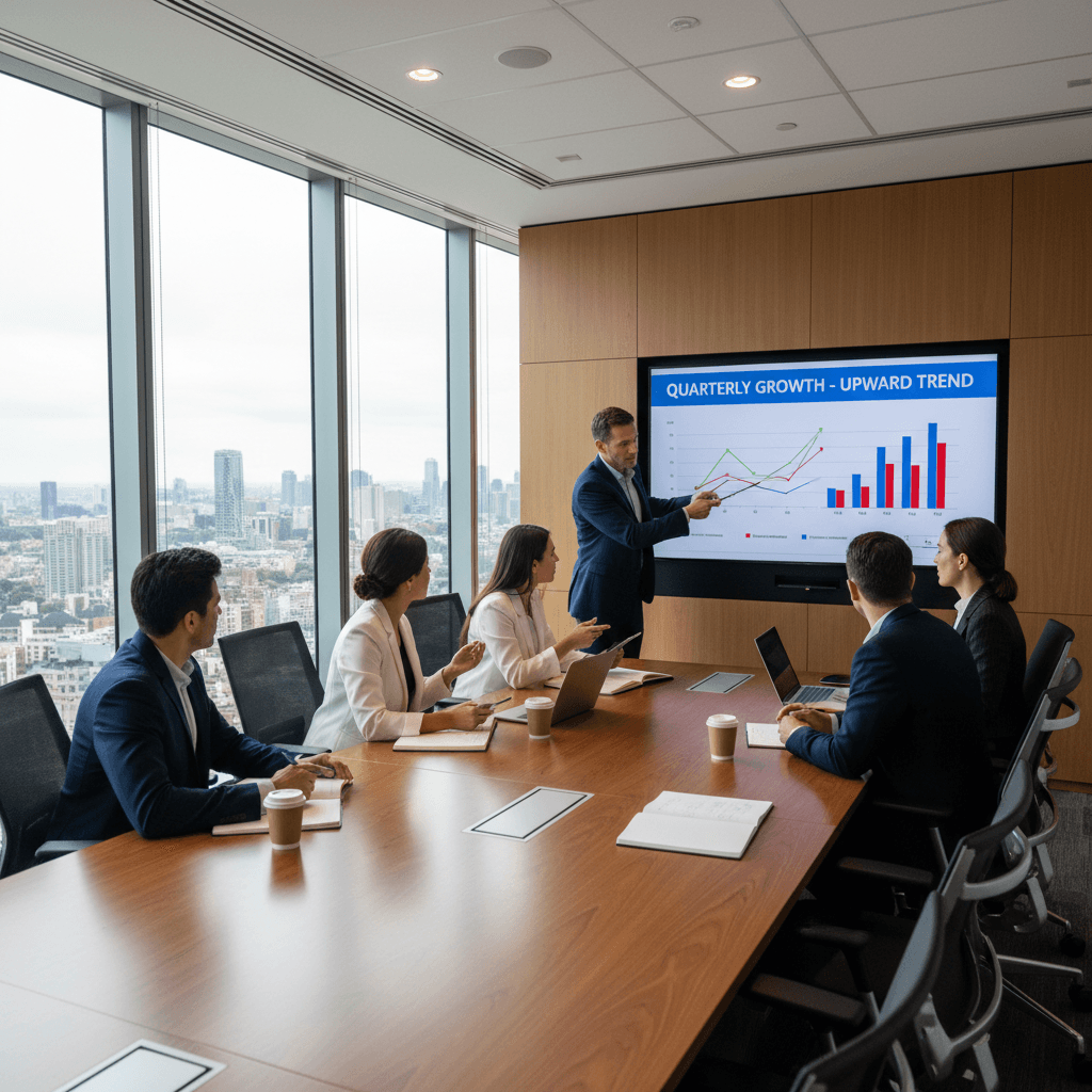 Professional team meeting in a modern conference room discussing growth charts