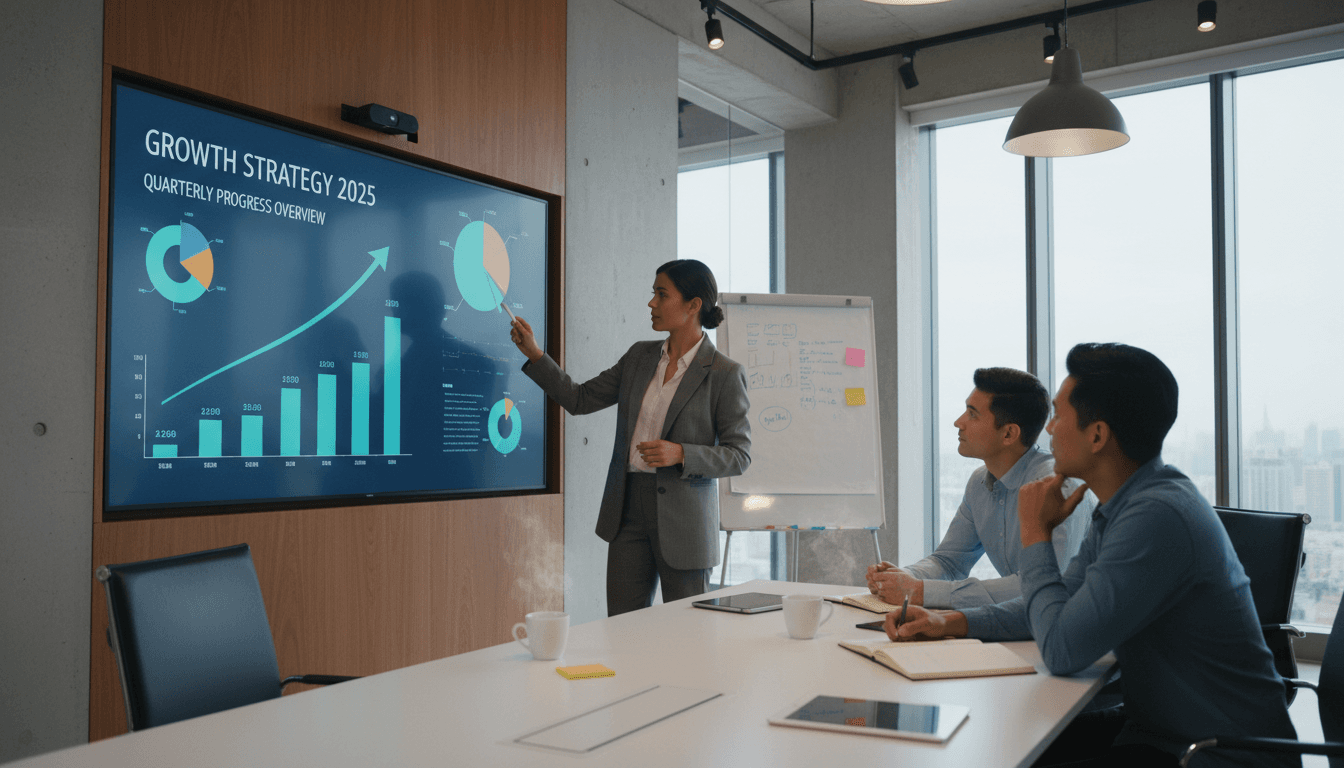Entrepreneur reviewing a growth roadmap with charts in a modern meeting room