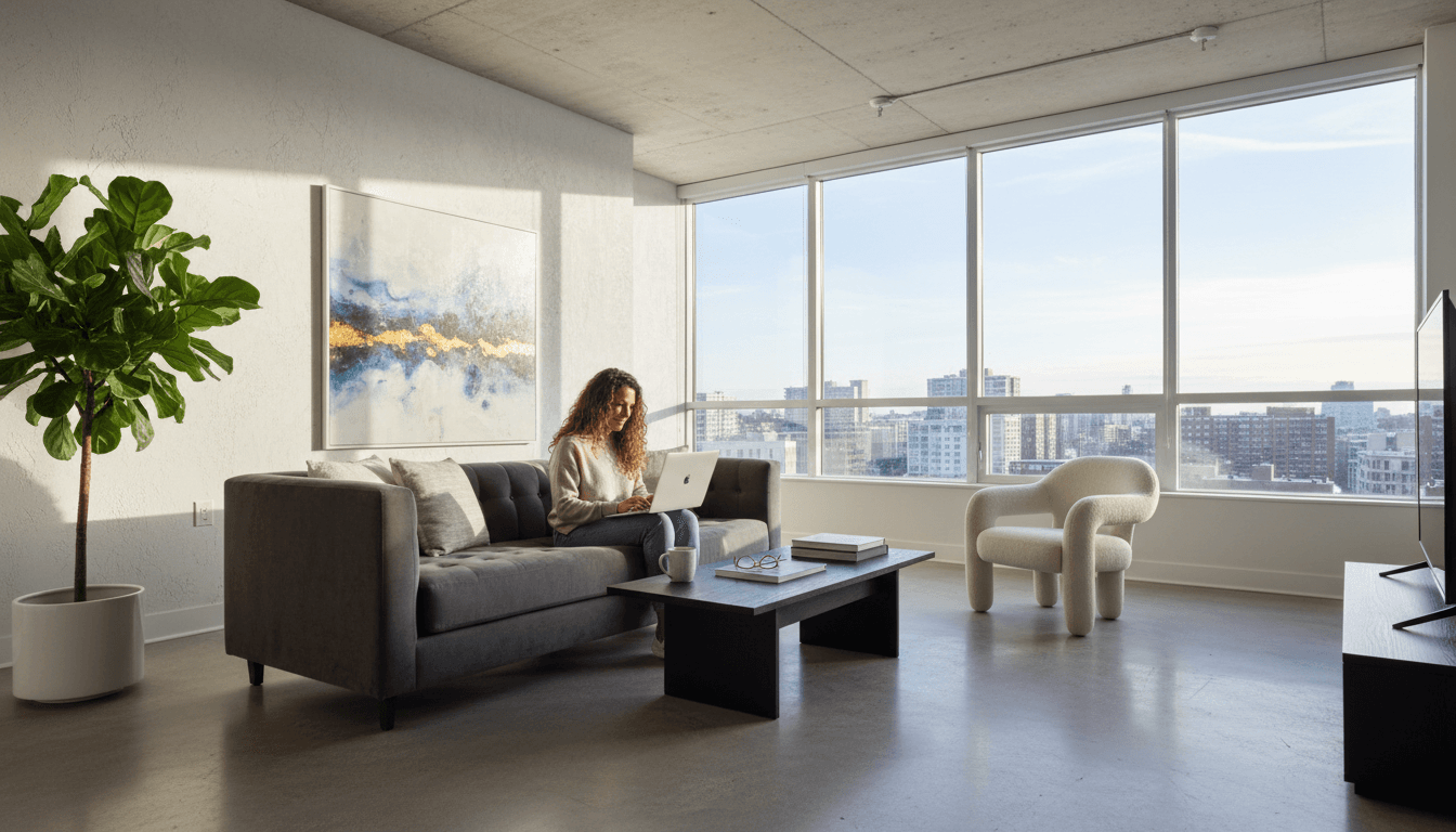Person viewing a modern furnished apartment interior while working on a laptop