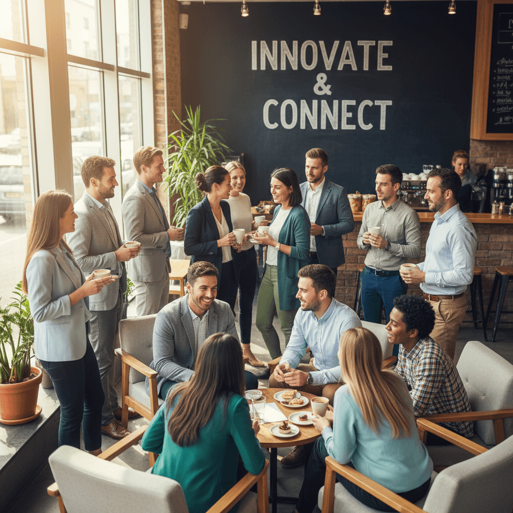 Diverse group networking at an informal business meetup in a bright cafe