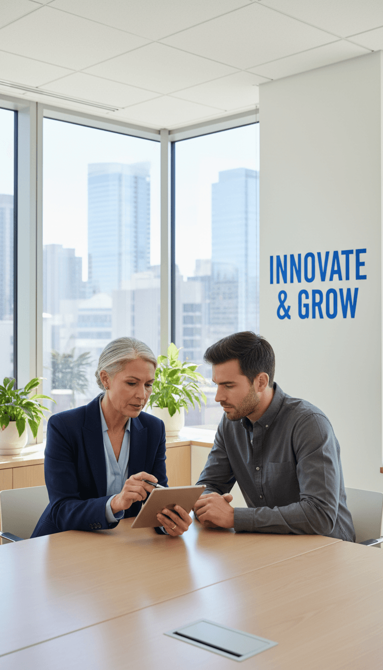 Mentor guiding an entrepreneur through a step-by-step plan in a bright Chicago office