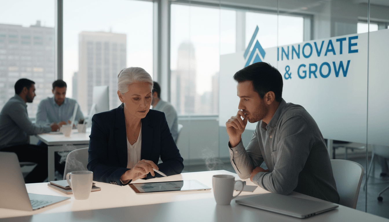 Mentor and entrepreneur in a focused coaching session at a bright office desk