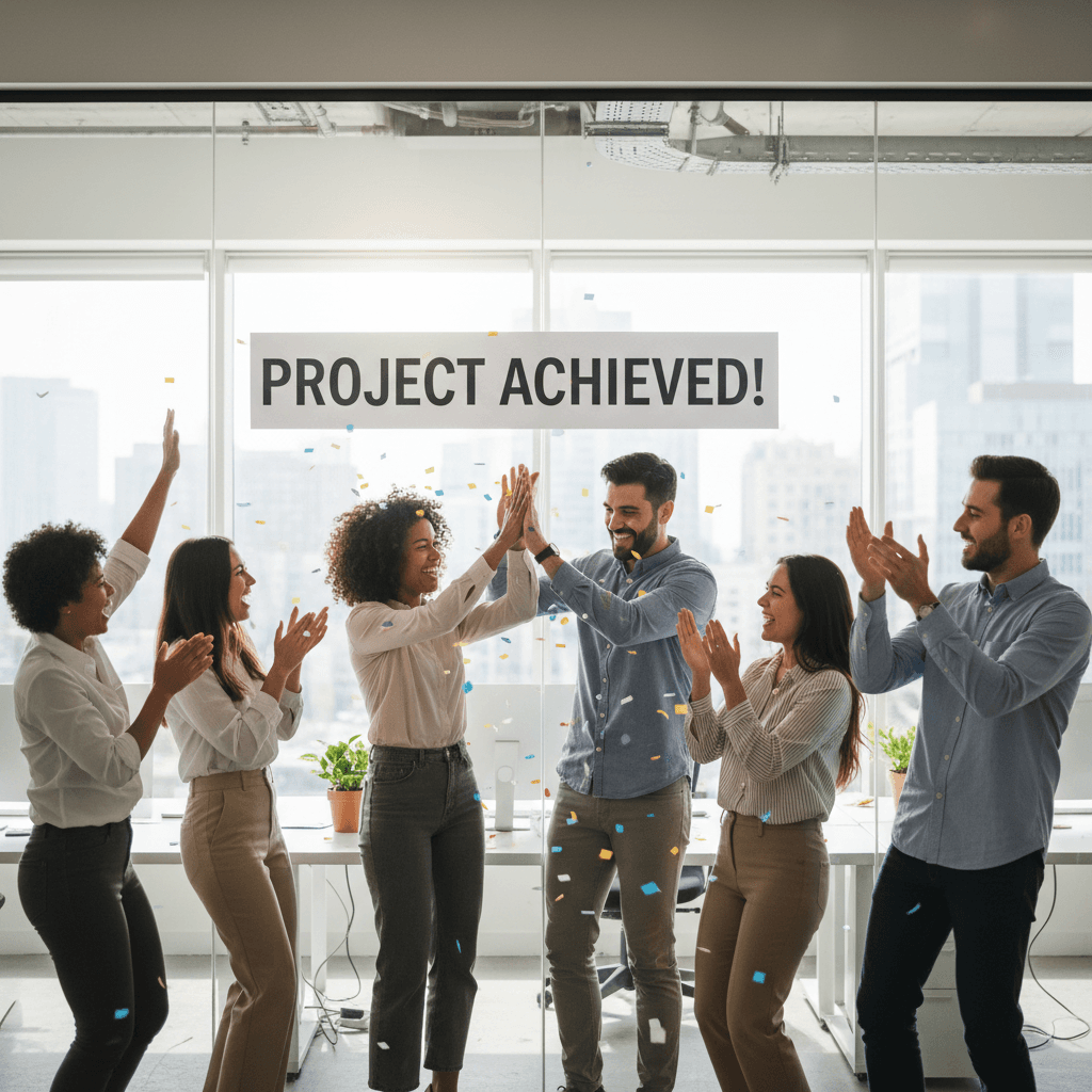 Small group of colleagues clapping and celebrating together in an office