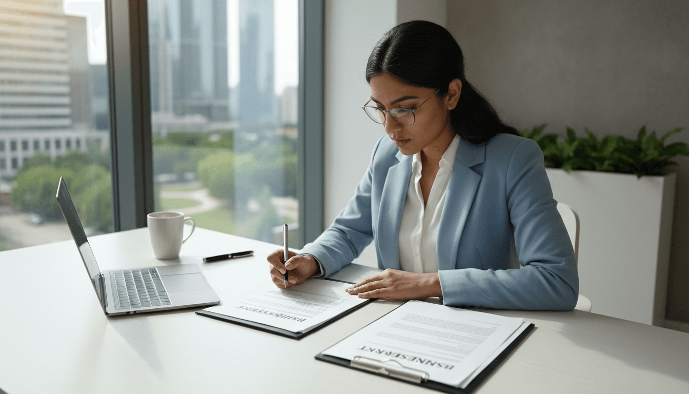 Small business owner reviewing legal paperwork at a clean modern desk