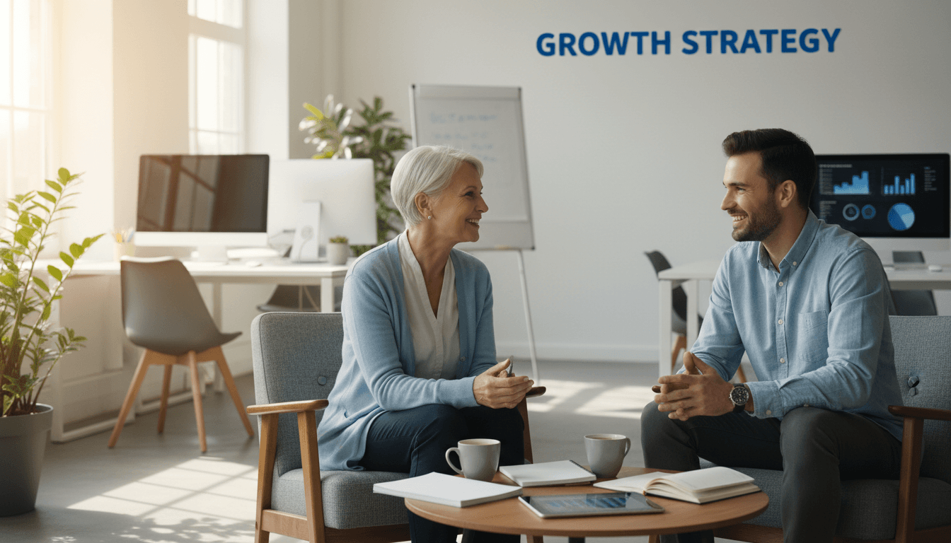 Supportive mentor talking with a new entrepreneur in a bright casual office