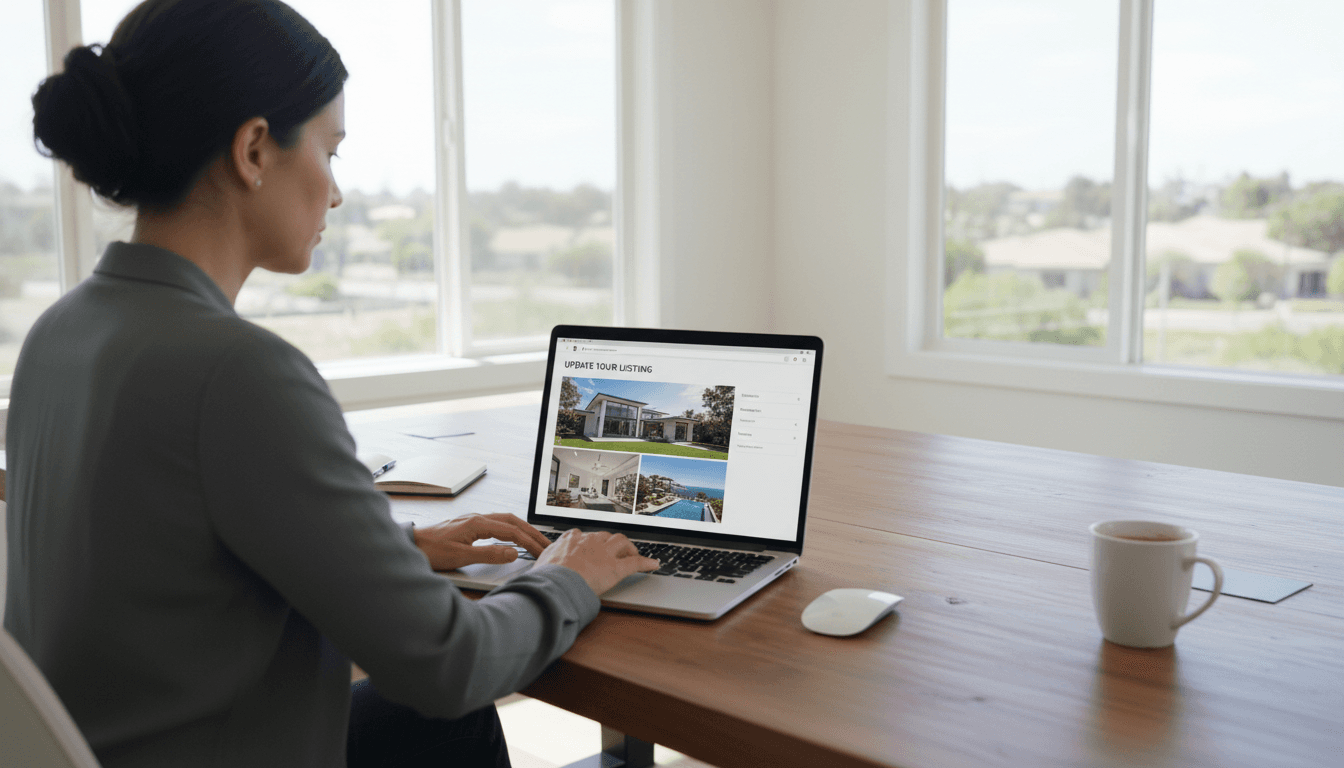 Person updating a property listing on a laptop with photos visible