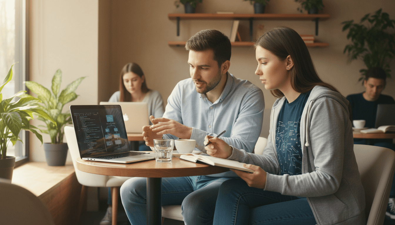 Mentor and aspiring entrepreneur having a focused conversation in a bright modern office