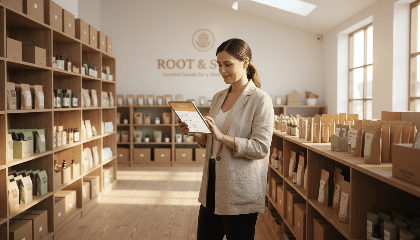 Small business owner checking inventory on a tablet at their storefront