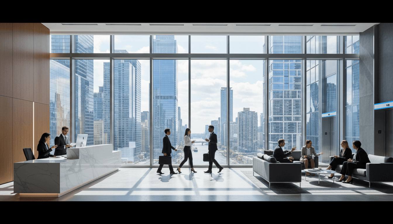 Modern professional office lobby with warm lighting and big windows