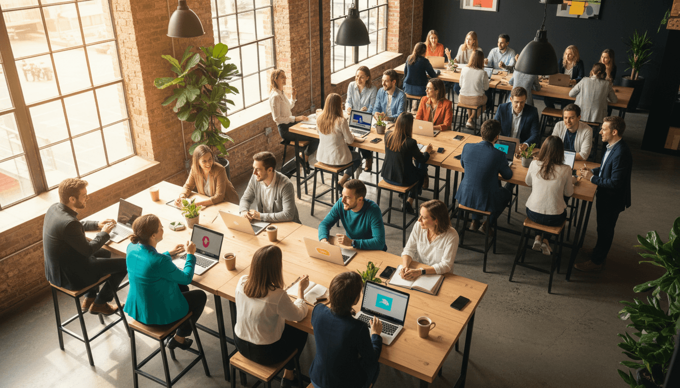 Group of diverse entrepreneurs chatting at a modern coworking space