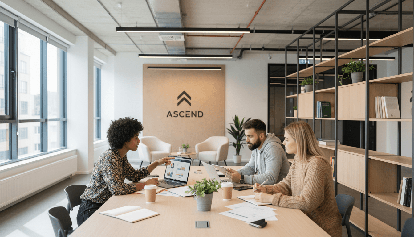 Aspiring entrepreneurs collaborating around a table with laptops in a bright modern office